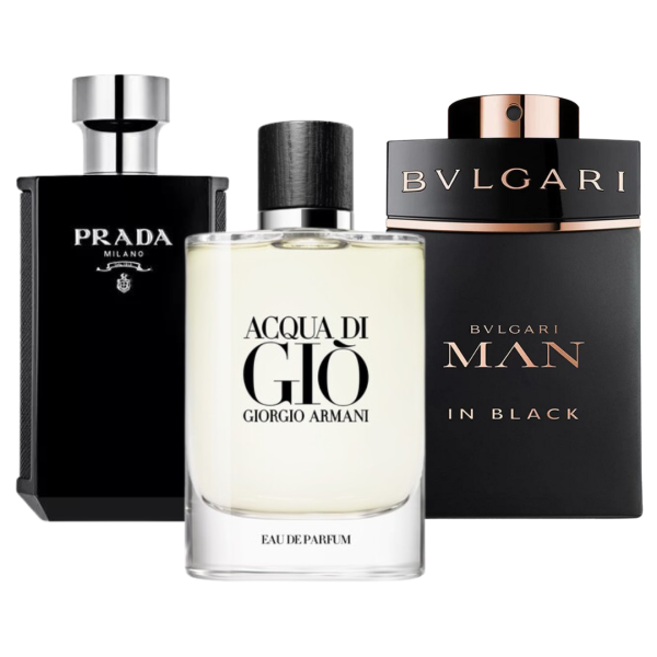 Set mit 3 Düften: Bvlgari In Black, Giorgio Armani Acqua Di Giò und L’Homme Prada Intense – je 100 ml